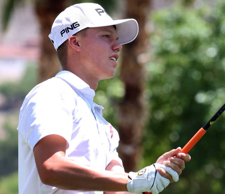 Arbor View’s Hazen Newman watches his drive during the Nevada State High School Region ...