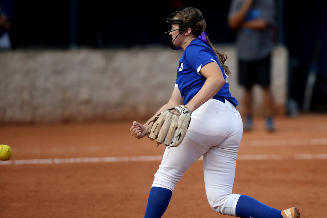 Basic’s Shelby Basso (7) throws against Sierra Vista in the first inning of their Dese ...