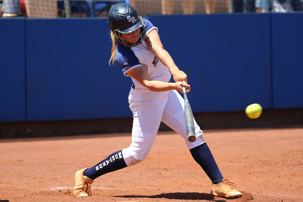 Shadow Ridge’s Shea Clements (4) hits the ball for a single RBI against Coronado in th ...