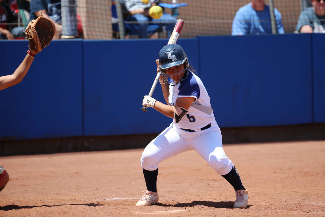 Shadow Ridge’s Angelina Esqueda (6) ducks a high pitch against Coronado in the Souther ...