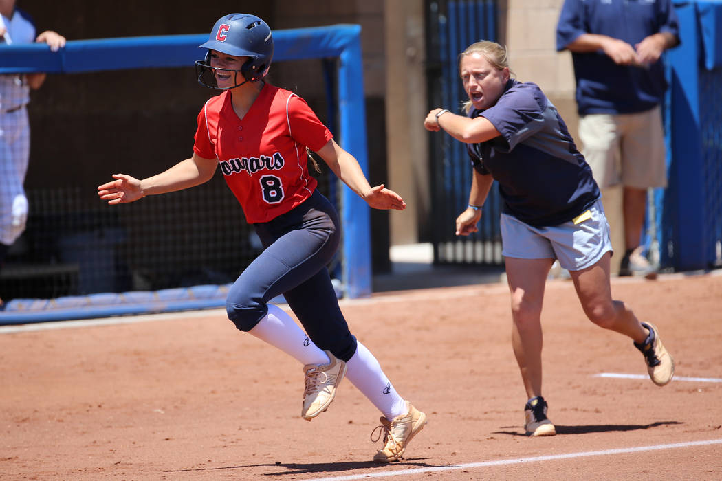 Coronado’s head coach Melissa Krueger cheers on her player Madison Stephens (8) as she ...