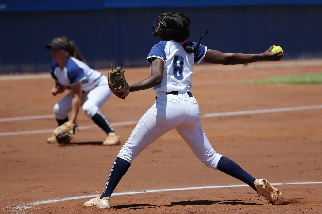 Shadow Ridge’s Jasmine Martin (8) pitches against Coronado in the Southern Nevada cham ...