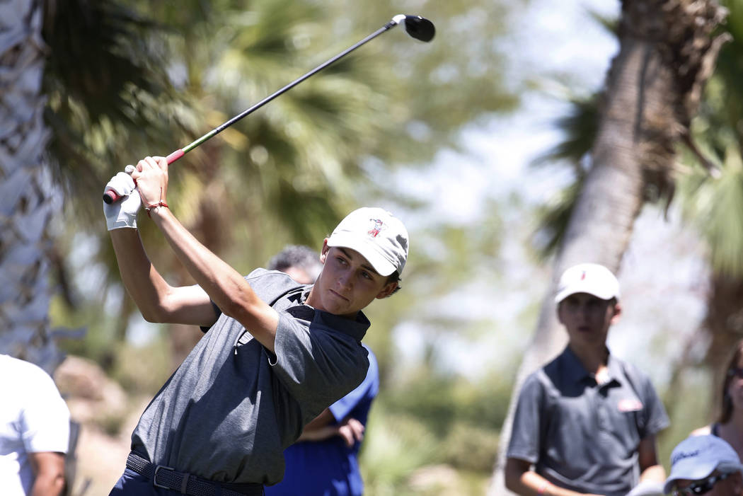 Coronado High’s Benjamin Sawaia hits his tee shot at Reflection Bay Golf Club on Monda ...