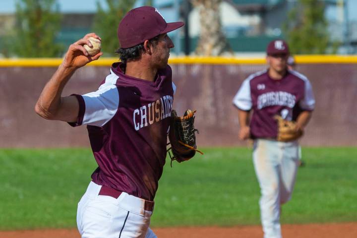 Faith Lutheran’s Michael Rice (2) looks to first base on a throw versus Palo Verde dur ...