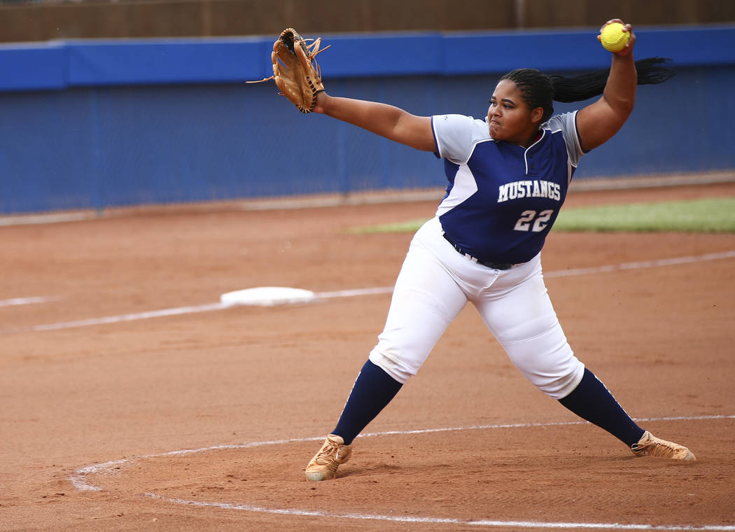 Shadow Ridge’s Alyssa Stanley (22) pitches to McQueen during the second round of the C ...