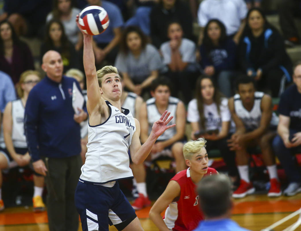 Coronado’s Jacob Ceci (7) sends the ball to Palo Verde during the Class 4A state volle ...