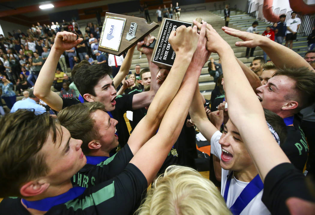 Palo Verde players celebrate their victory over Coronado in the Class 4A state volleyball ch ...