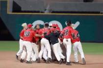 A screenshot from a YouTube video shows Las Vegas High baseball players celebrating their 5- ...