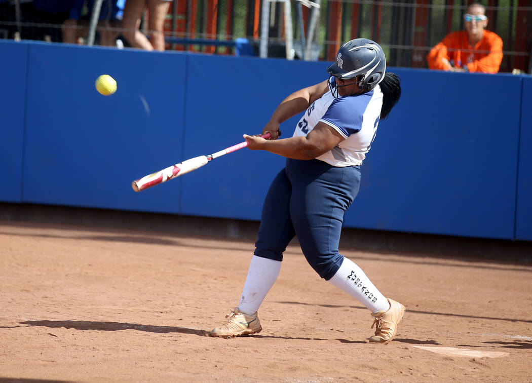 Shadow Ridge’s Alyssa Stanley (22) hits against Coronado in their Class 4A state champ ...