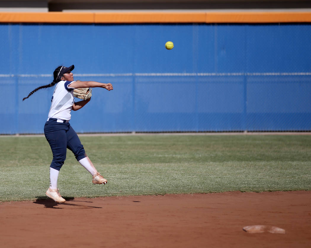 Shadow Ridge’s Angelina Esqueda (6) throws to first against Coronado in their Class 4A ...