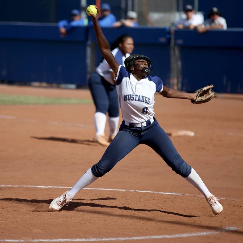 Shadow Ridge pitcher Jasmine Martin (8) throws against Coronado in their Class 4A state cham ...