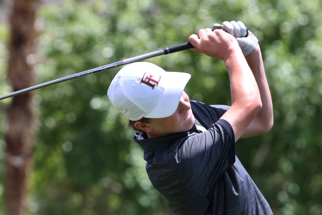Faith Lutheran’s Colton Cherry watches his drive during the Nevada State High School R ...