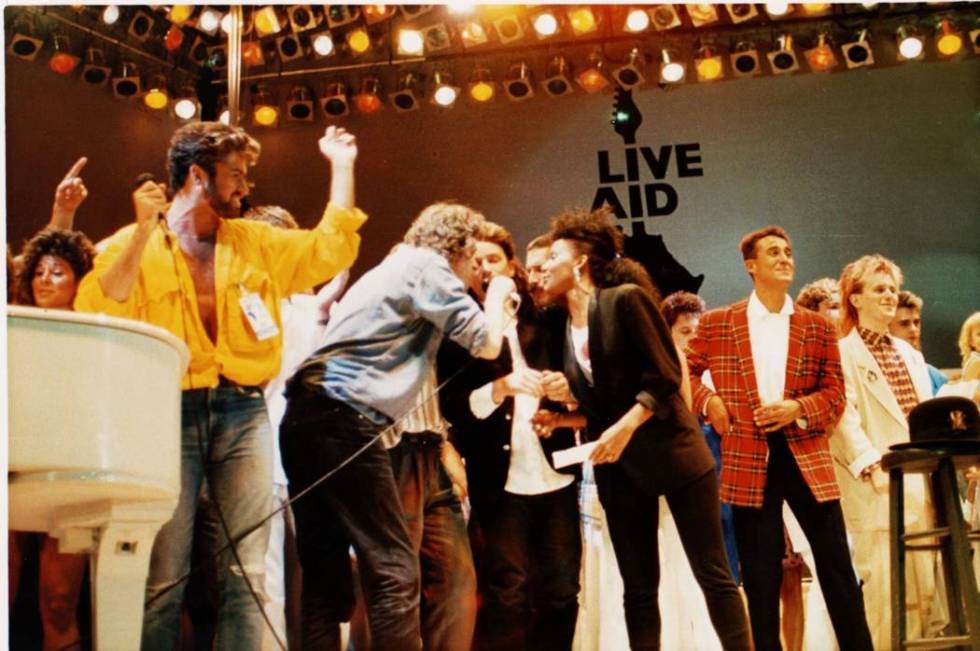 British and Irish singers perform on stage at the Live Aid concert at Wembley Stadium, London, ...