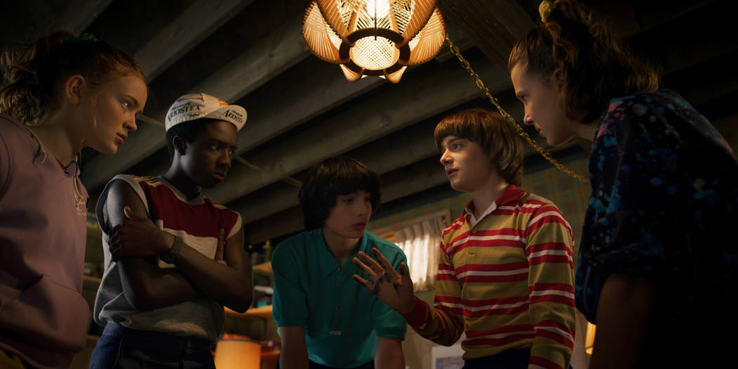 From left, Sadie Sink, Caleb McLaughlin, Finn Wolfhard, Noah Schnapp, Millie Bobby Brown in Str ...