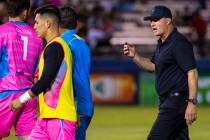 Las Vegas Lights FC goalkeeper Thomas Olsen (1) looks back and listens to head coach Eric Wynal ...