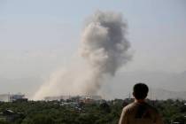 Smokes rises after a huge explosion in Kabul, Afghanistan, Monday, July 1, 2019. Powerful explo ...