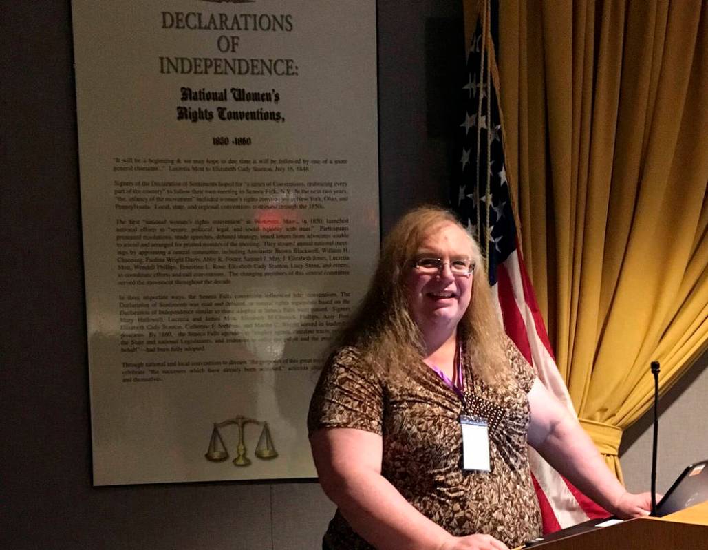 This July 15, 2017, photo shows transgender activist Shauna Marie O’Toole during a talk ...