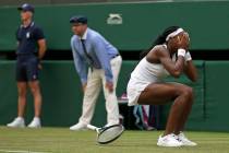 United States' Cori "Coco" Gauff reacts after beating United States's Venus Williams ...