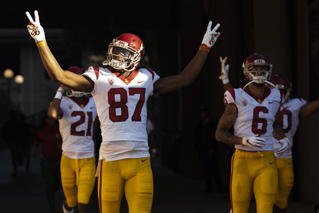 PALO ALTO, CA - SEPTEMBER 08: USC (87) Randal Grimes (WR) walks out of the tunnel before a coll ...