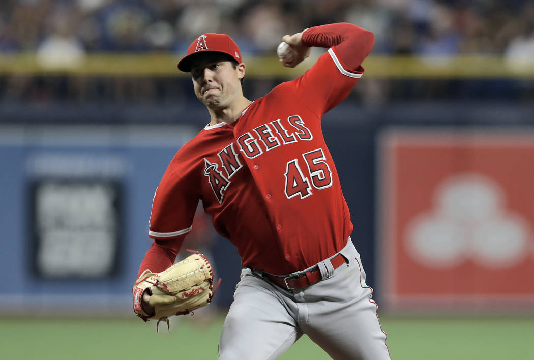 FILE - In this June 13, 2019 file photo Los Angeles Angels' Tyler Skaggs pitches to the Tampa B ...