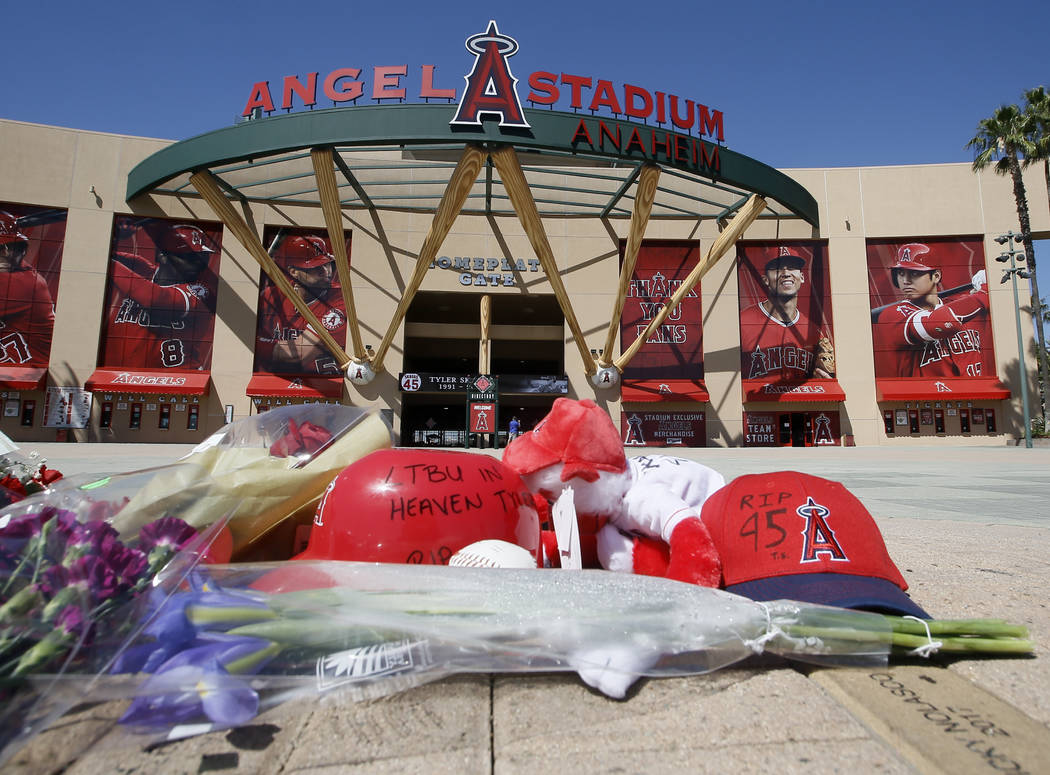 A makeshift memorial is set up in front of Angels Stadium in Anaheim, Calif., for pitcher Tyler ...