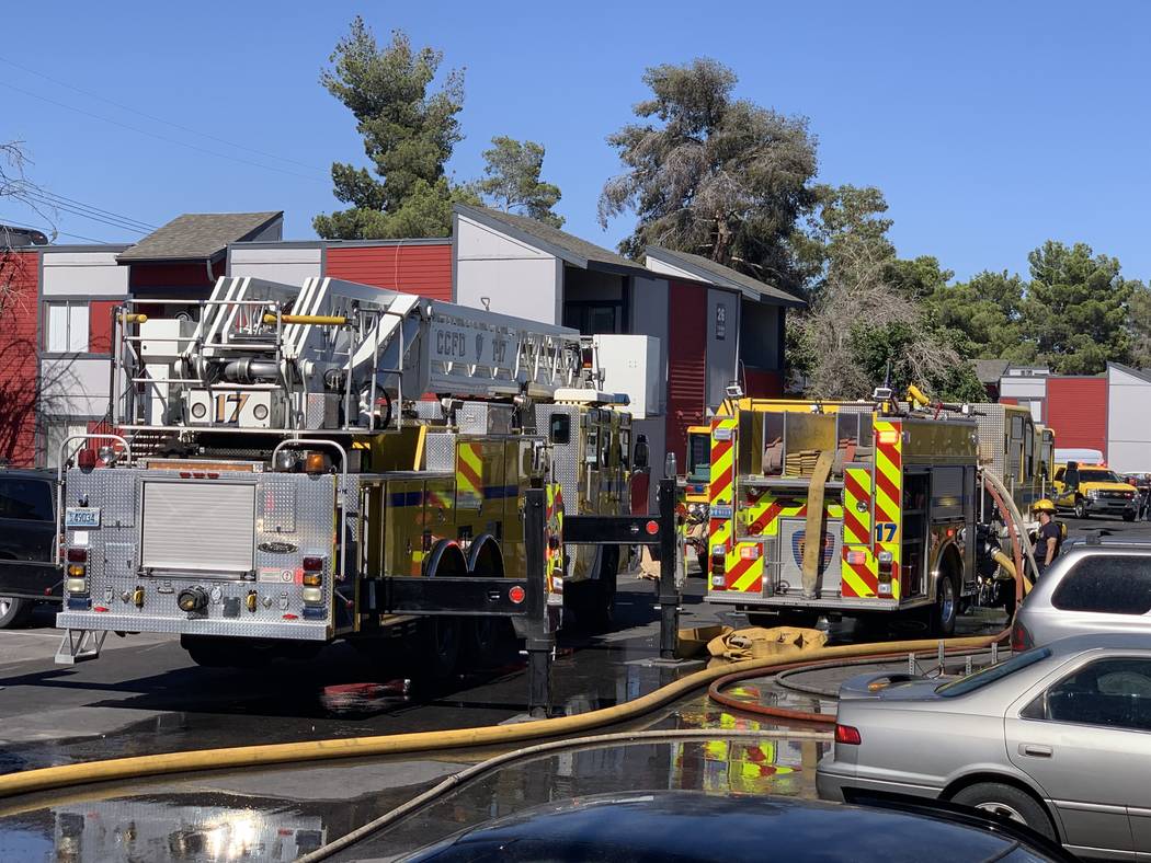 The Clark County and Las Vegas fire departments respond to a fire at an apartment complex at 51 ...