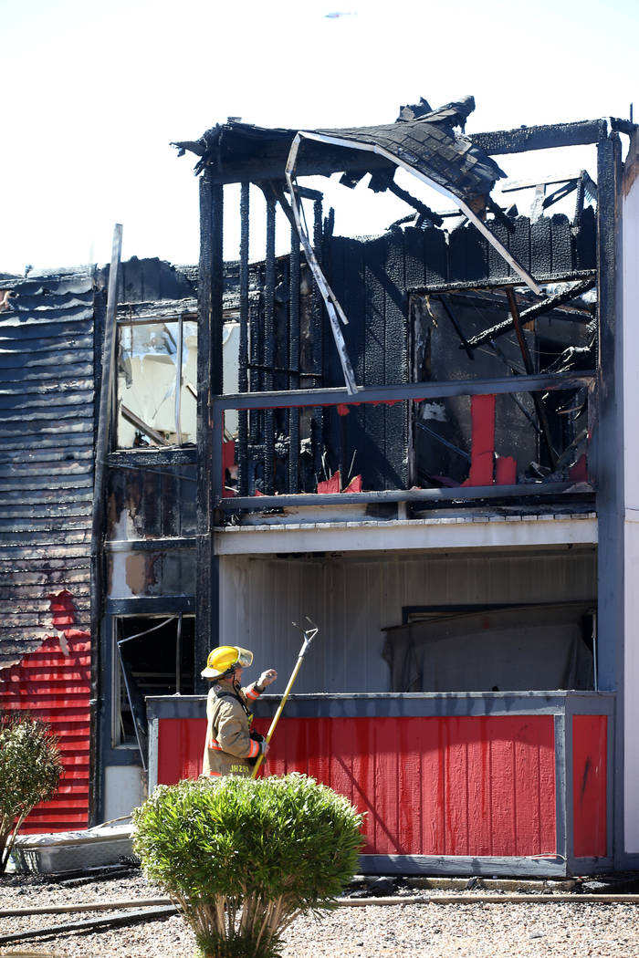 Remains of a three-alarm fire at an apartment complex at 5100 E. Tropicana Ave., near North Nel ...