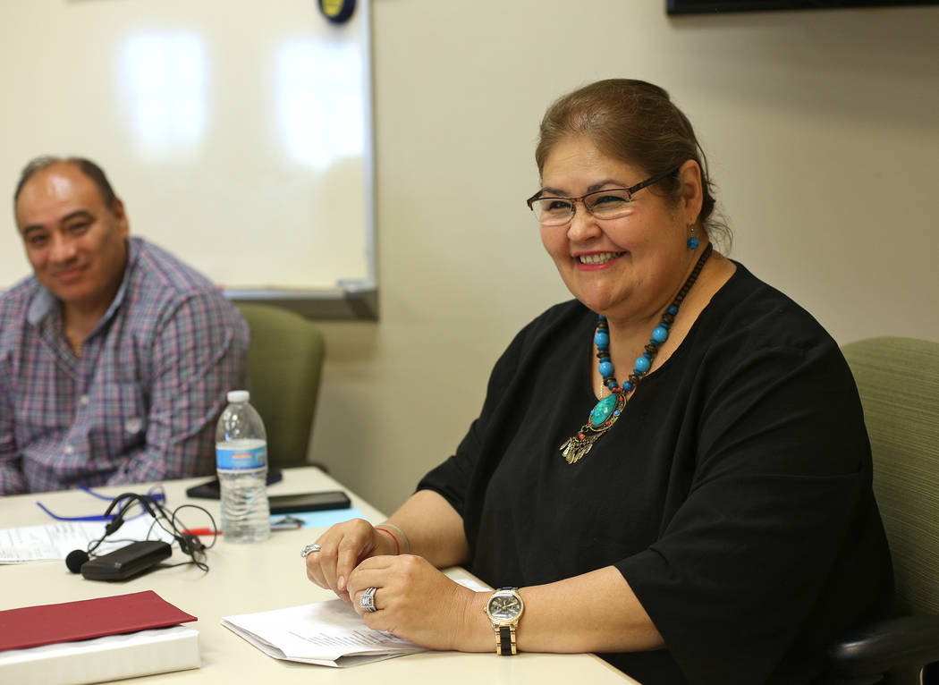 Mayra Crum, a teacher for the city's citizenship class, speaks to the Review-Journal at the Stu ...