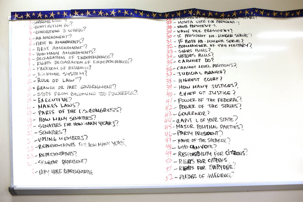 A board with questions about America at the Stupak Community Center in Las Vegas, Wednesday, Ju ...
