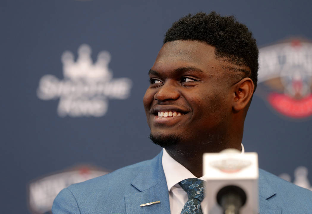New Orleans Pelicans first-round NBA draft pick Zion Williamson smiles at his introductory news ...