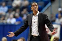 In this Feb. 15, 2018, file photo, Connecticut head coach Kevin Ollie reacts during the second ...
