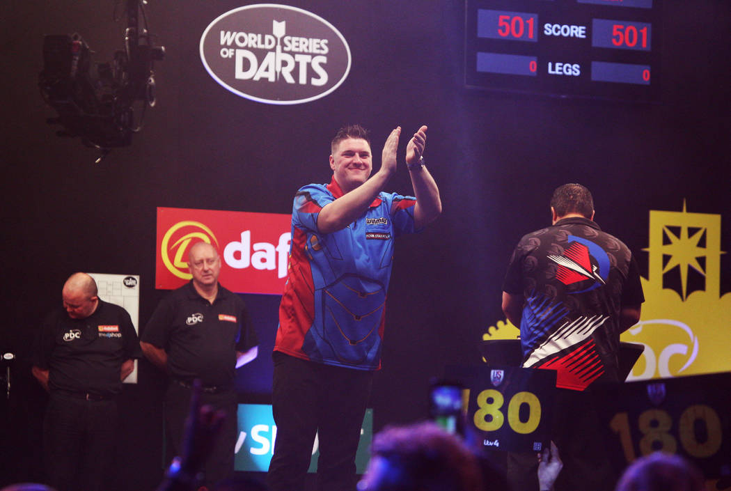 Daryl Gurney aplauds the audience before 2019 Dafabet US Darts Masters at Mandalay Bay on July ...