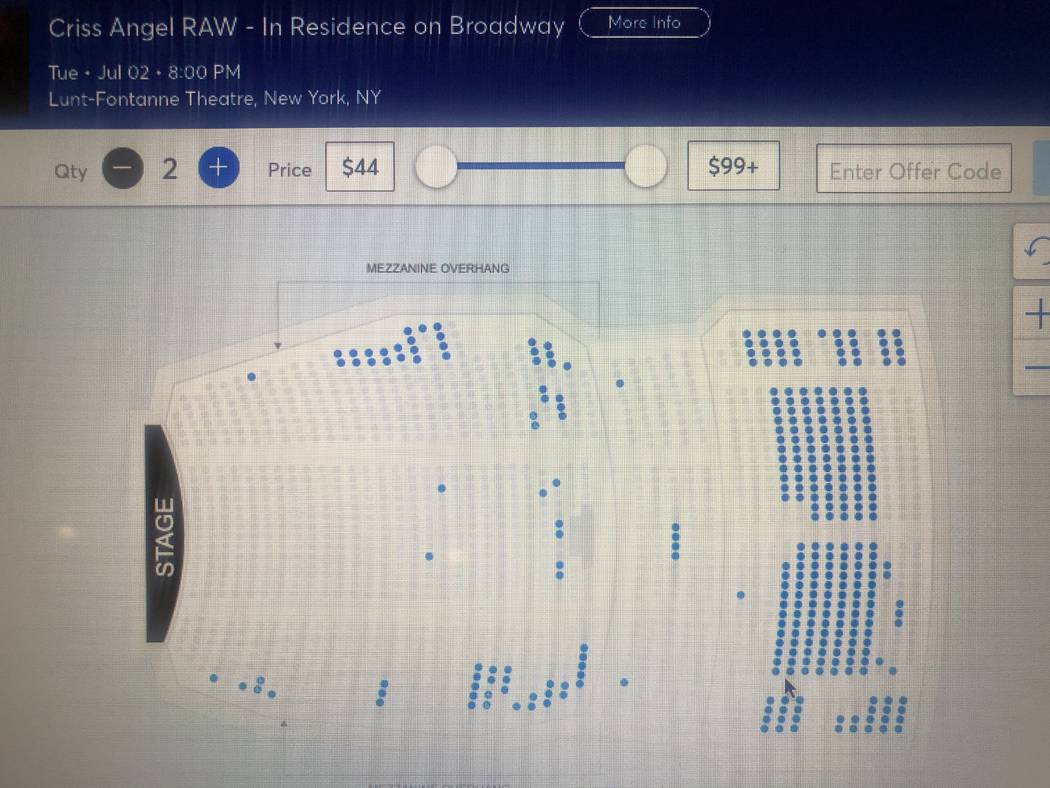 A screen grab of Criss Angel's ticket sales for his opening-night performance at Lunt-Fontanne ...
