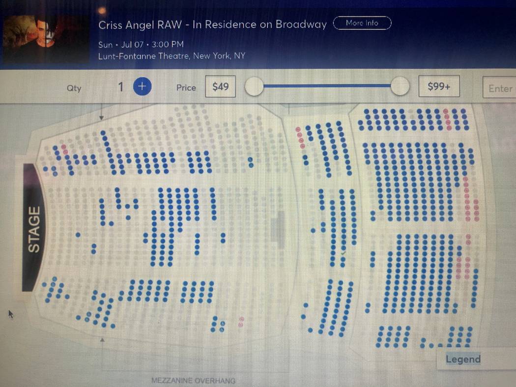 A screen grab of Criss Angel's ticket sales for his closing performance at Lunt-Fontanne Theatr ...