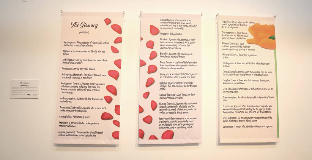 Denise Duarte's glossary on vinyl panels at Sahara West Library Art Gallery on July 2, 2019, in ...