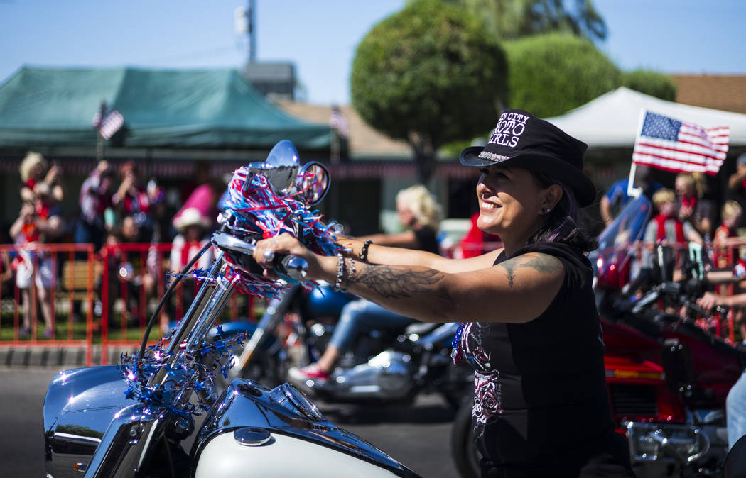 A member of Sin City Moto Girls participates during the parade at the annual Damboree Celebrati ...