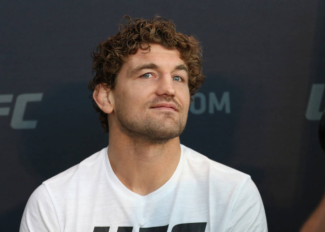 UFC welterweight Ben Askren takes questions from reporters at a media day at the T-Mobile Arena ...