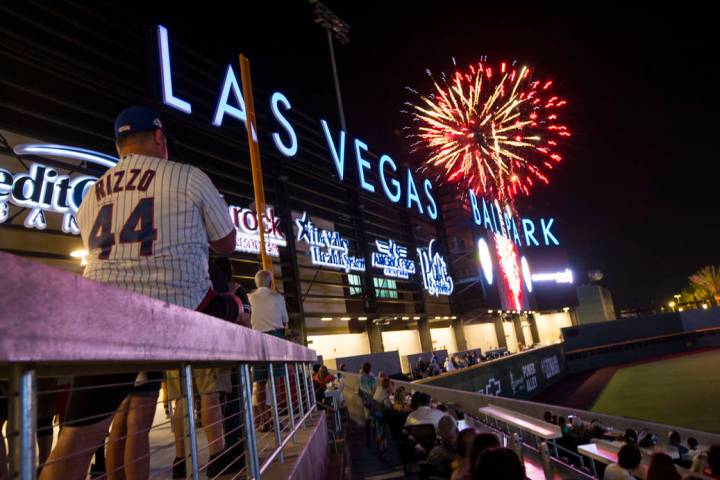 Fireworks go off above the Las Vegas Ballpark after the Las Vegas Aviators defeated the Reno Ac ...