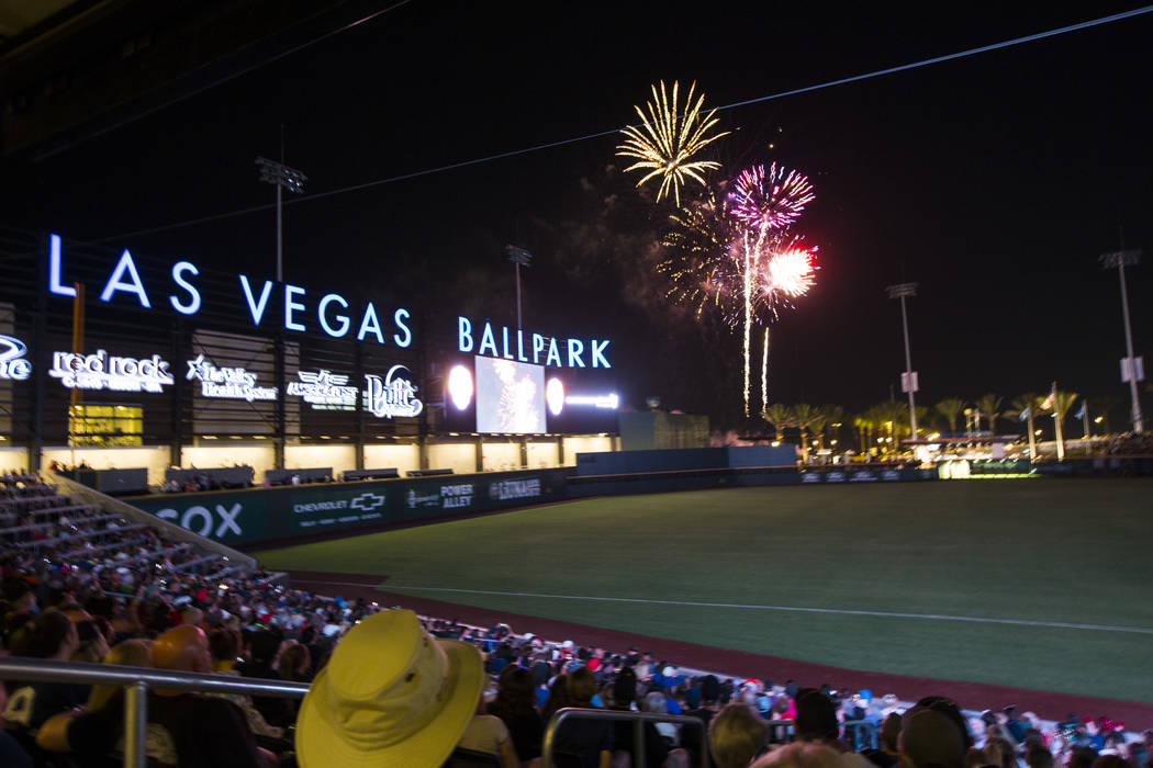 Fireworks go off above Las Vegas Ballpark after the Las Vegas Aviators defeated the Reno Aces 3 ...