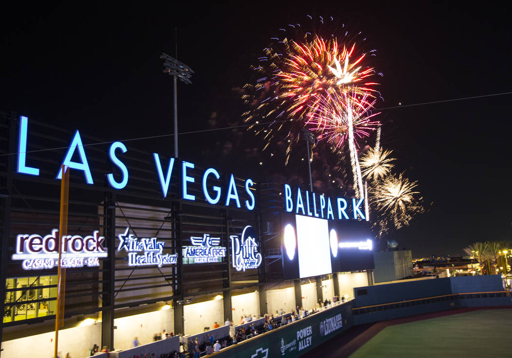 Fireworks go off above Las Vegas Ballpark after the Las Vegas Aviators defeated the Reno Aces 3 ...