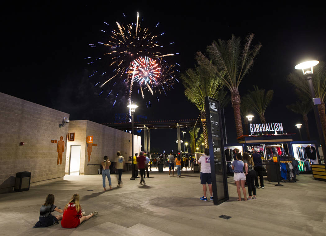 Fireworks go off above Las Vegas Ballpark after the Las Vegas Aviators defeated the Reno Aces 3 ...