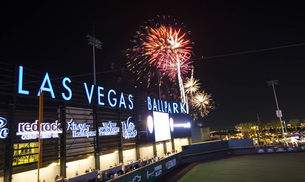 Fireworks go off above Las Vegas Ballpark after the Las Vegas Aviators defeated the Reno Aces 3 ...