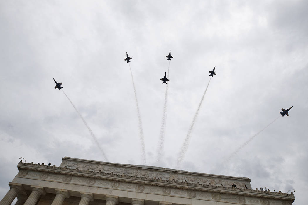 The Blue Angels, the United States Navy's flight demonstration squadron, flies over the Lincoln ...