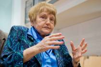 In this April 21, 2015, file photo, Auschwitz survivor Eva Kor sits in a courtroom in Lueneburg ...
