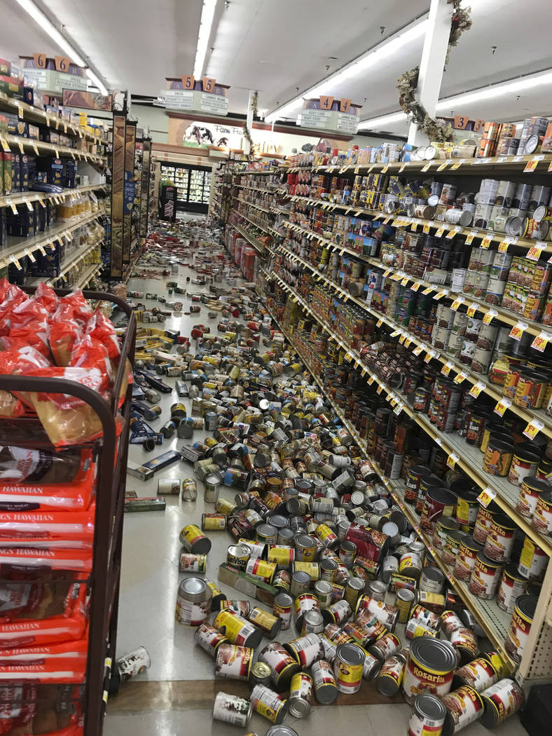Food fell from shelves at the Stater Bros. in Ridgecrest, Calif., Thursday, July 4, 2019. The s ...