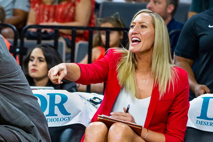 Las Vegas Aces assistant coach Kelly Raimon yells to players during the second quarter of a WNB ...