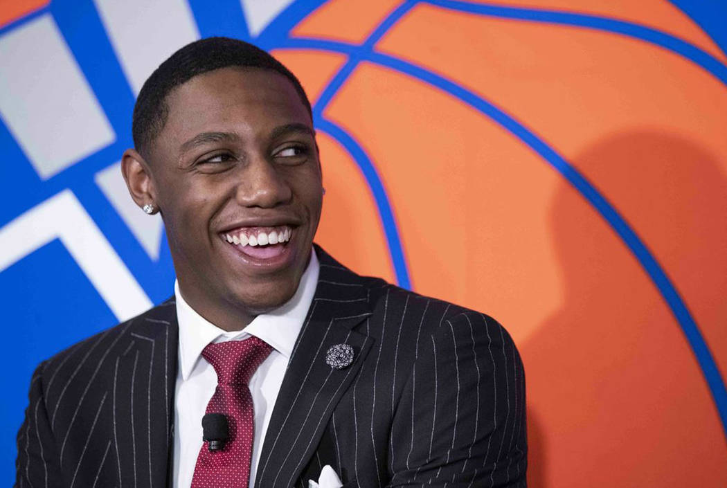 New York Knicks draft pick RJ Barrett speaks to reporters during a news conference, Friday, Jun ...