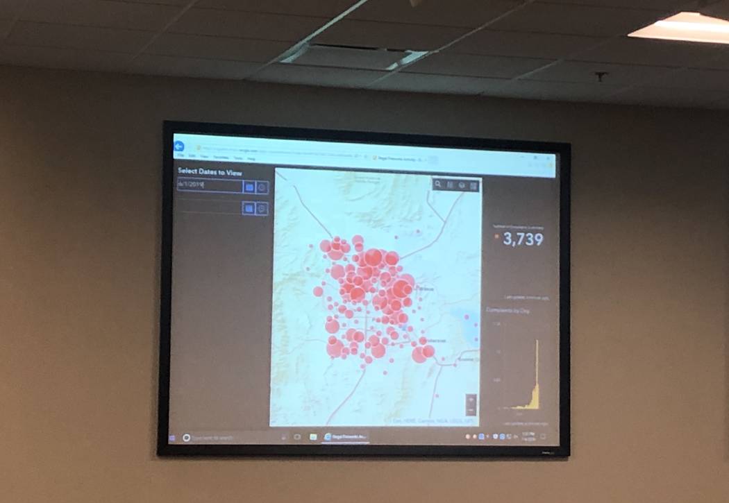A map displayed during a briefing at Metro headquarters showing reports of illegal fireworks th ...