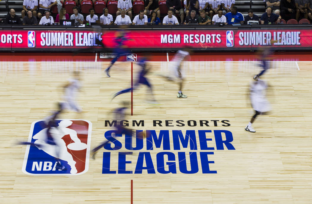 The Milwaukee Bucks play the Philadelphia 76ers during a basketball game at the Vegas Summer Le ...