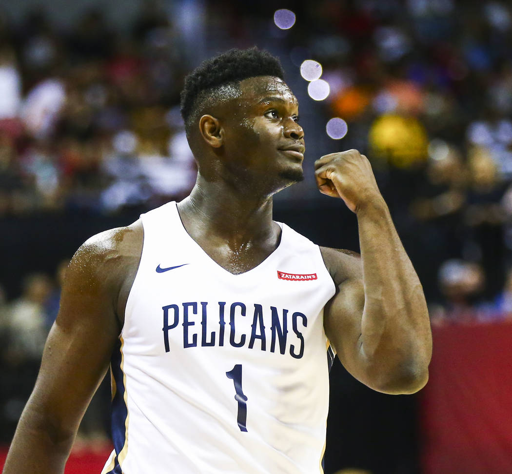 New Orleans Pelicans' Zion Williamson (1) reacts while playing the New York Knicks during the f ...